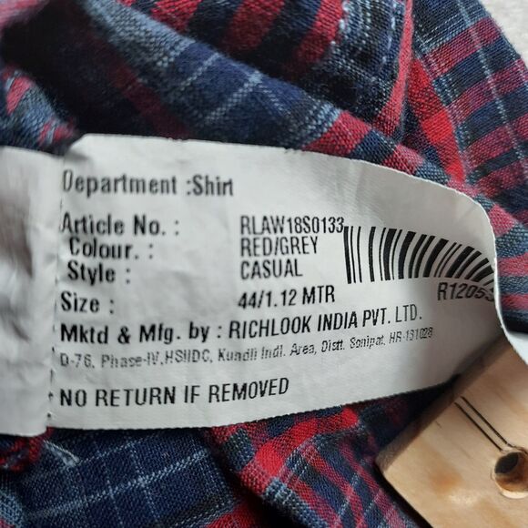 Richlook XXL 44 Plaid Casual Shirt Red Grey Blue Button Front Long Sleeve - Picture 7 of 9